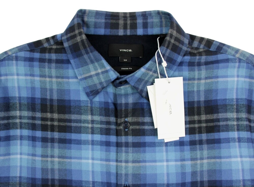 Vince Shirt Mens S Blue Plaid Flannel Classic Fit Long Sleeve Cotton Button Up